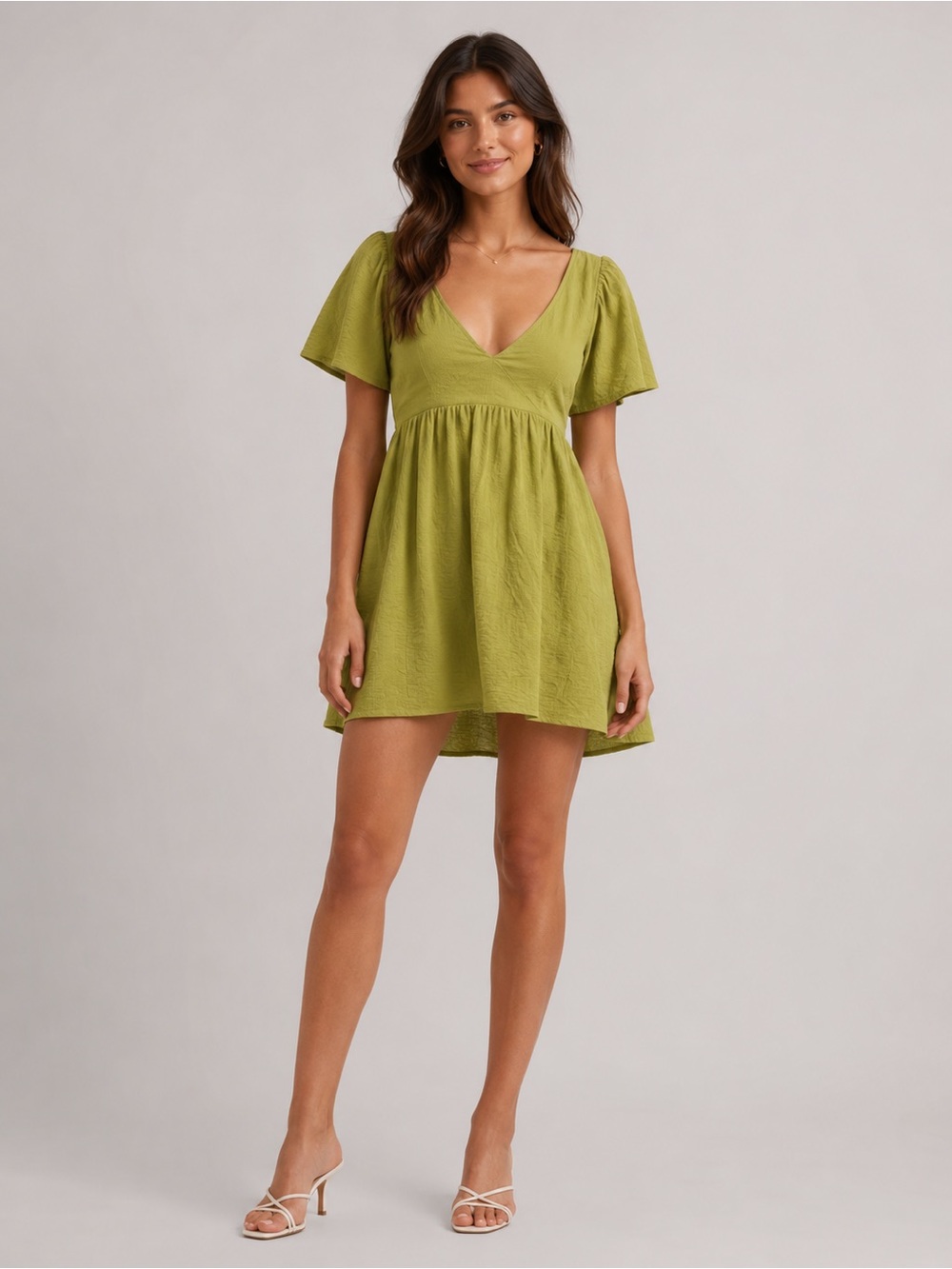 V-Neck Flutter Sleeve Mini Dress in Olive Green